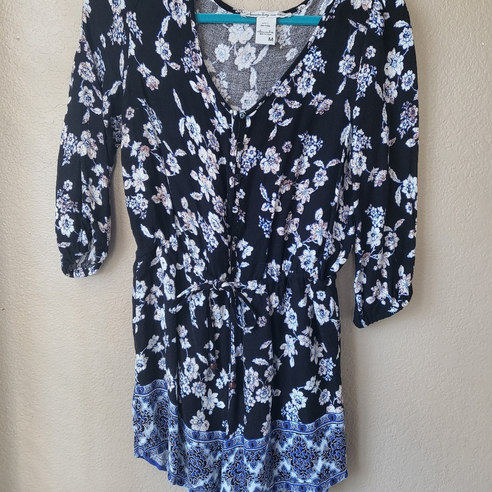 Womens Romper | blue/black dressy | crop sleeve + buttons | M